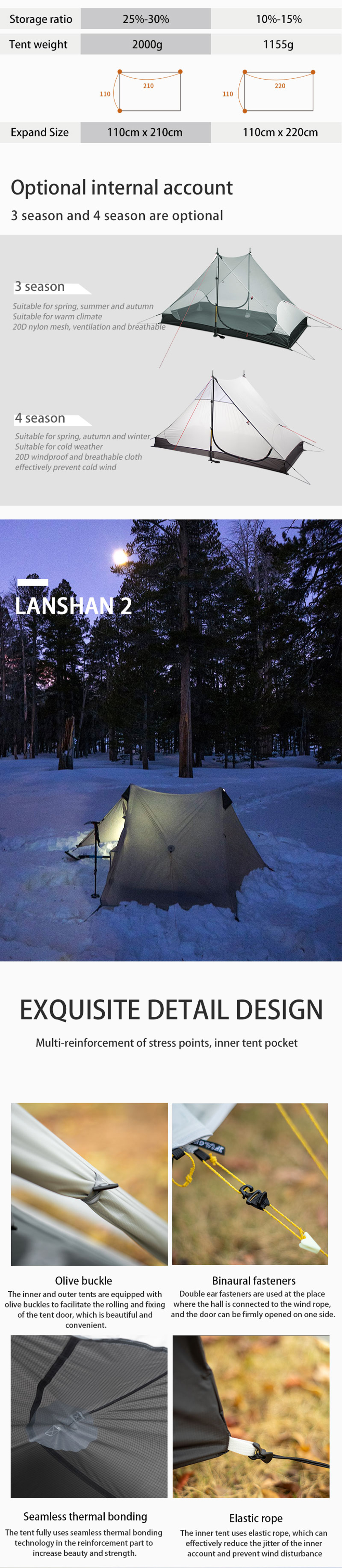 Cheap Goat Tents 3F UL GEAR LanShan2 2 Person Outdoor Ultralight Camping Tent 3 Season 4 Season Professional Waterproof 15D Silnylon Rodless Tent   